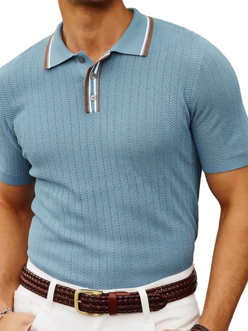Men's Blue Knitted Polo Short Sleeve Textured Pullover Golf Tee Shirt